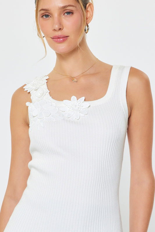 Flora Applique Square Neck Knit Tank Top White