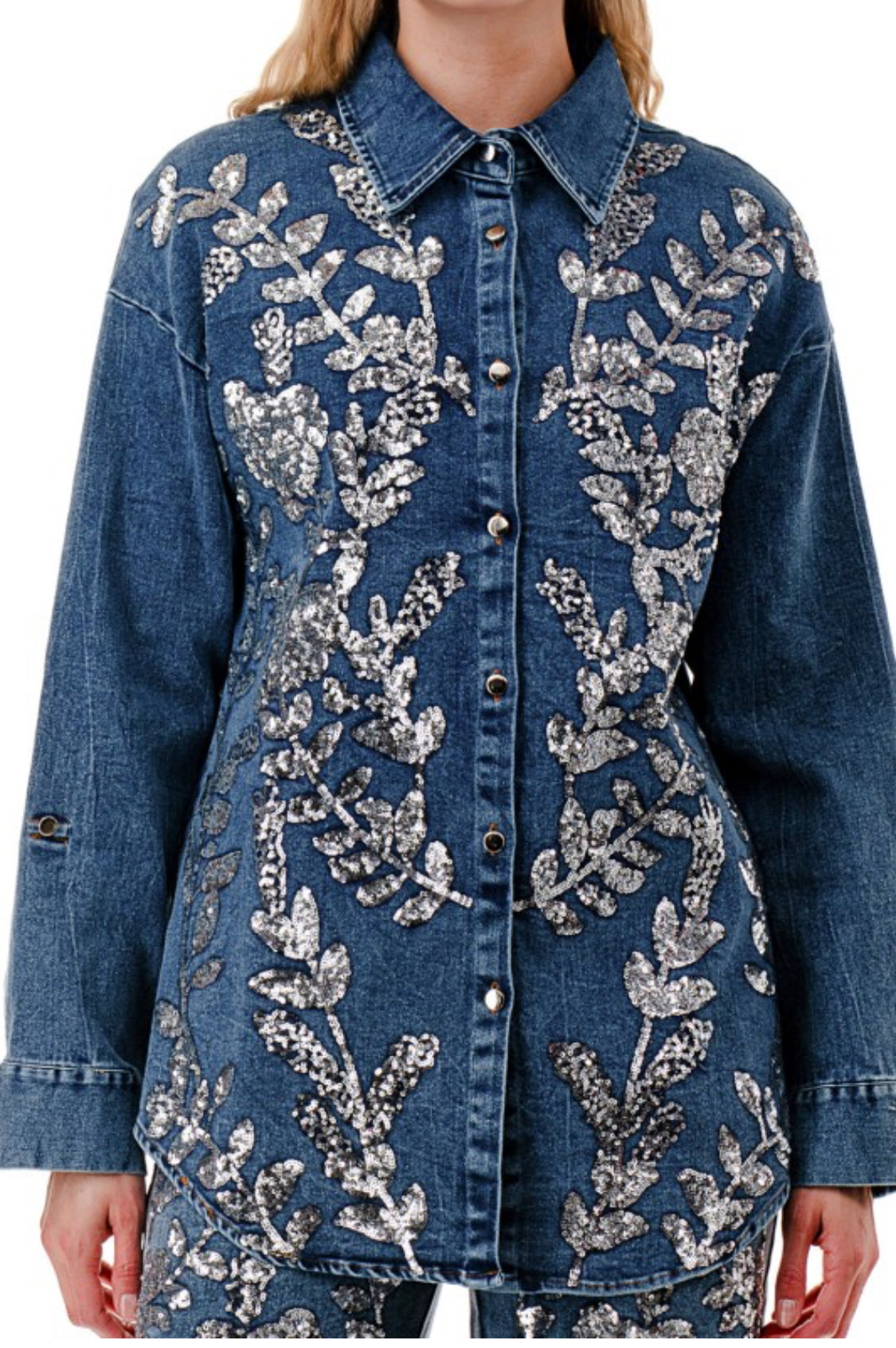 Sequins Floral Embellished Denim Set