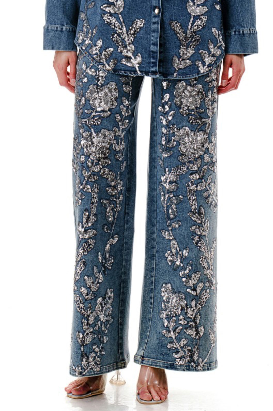 Sequins Floral Embellished Denim Set