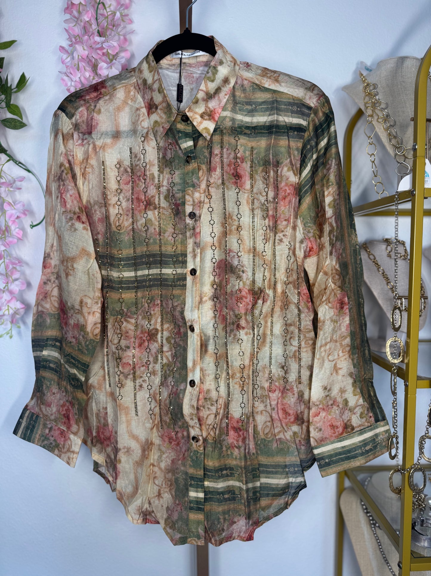 Long Sleeves Top with Glitter Accent Multi Green