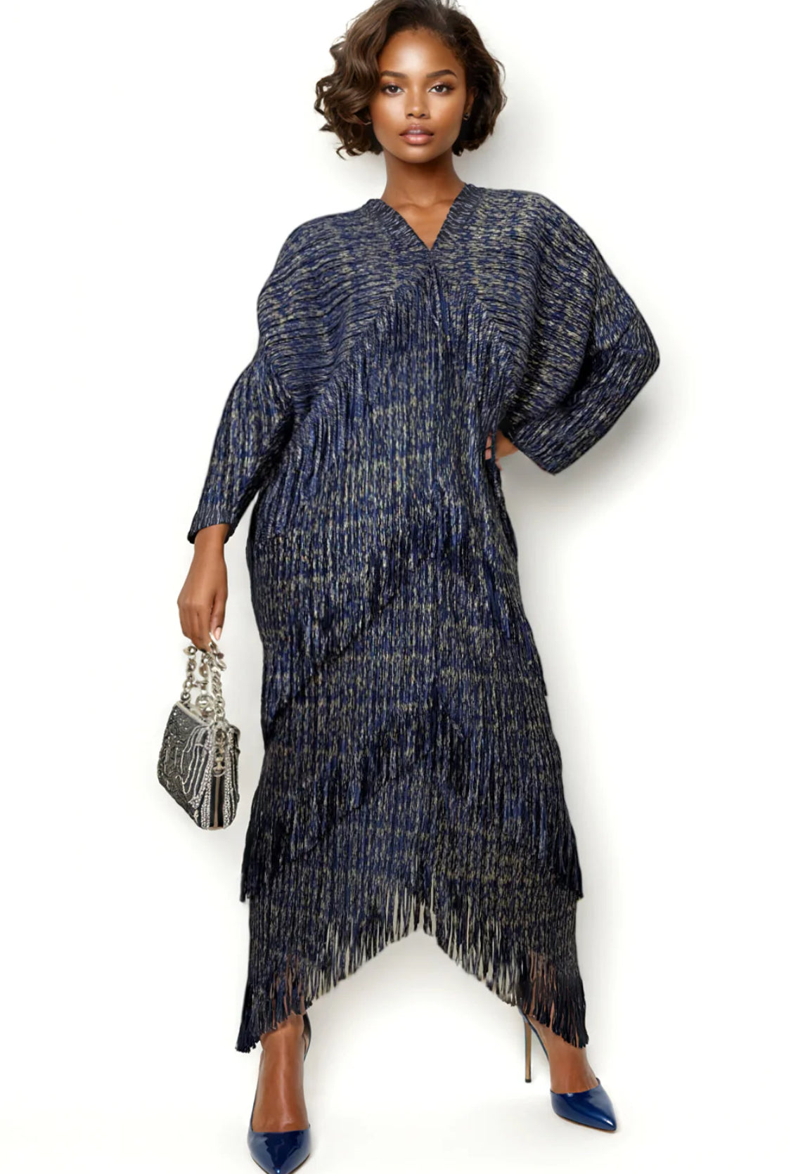 Fringe V Neck Dress Blue