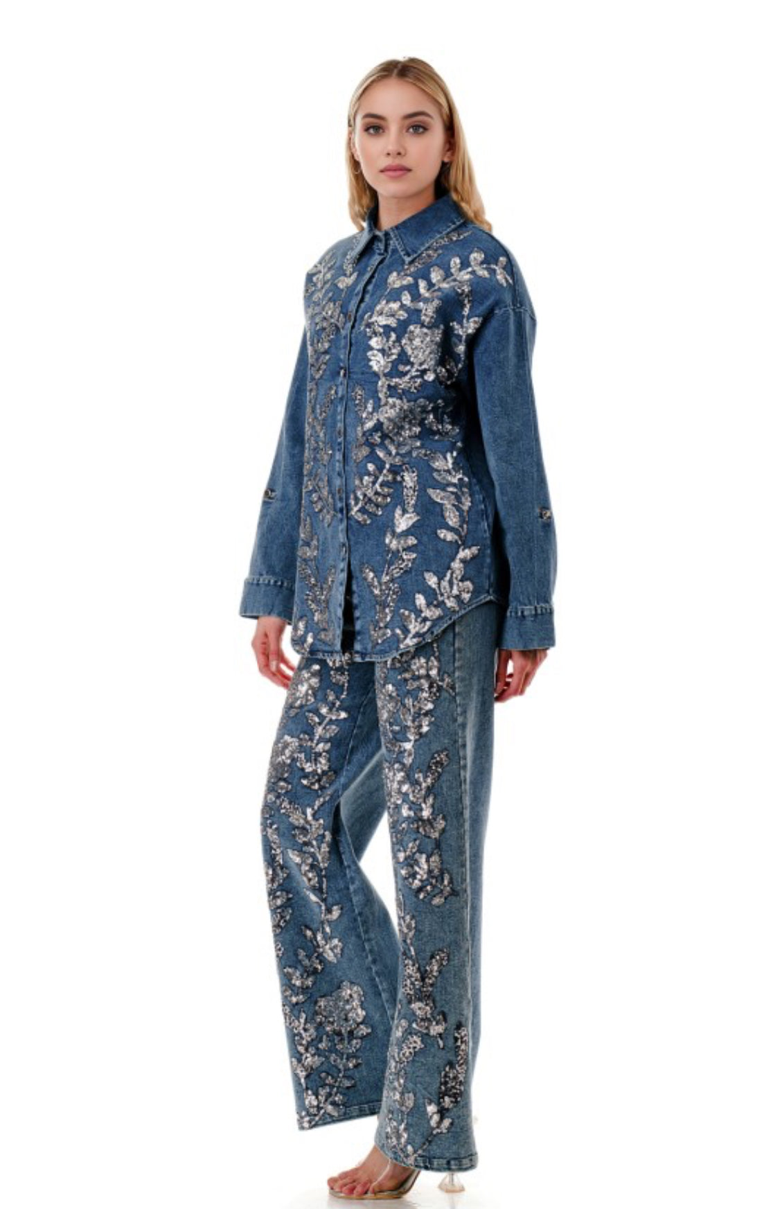 Sequins Floral Embellished Denim Set