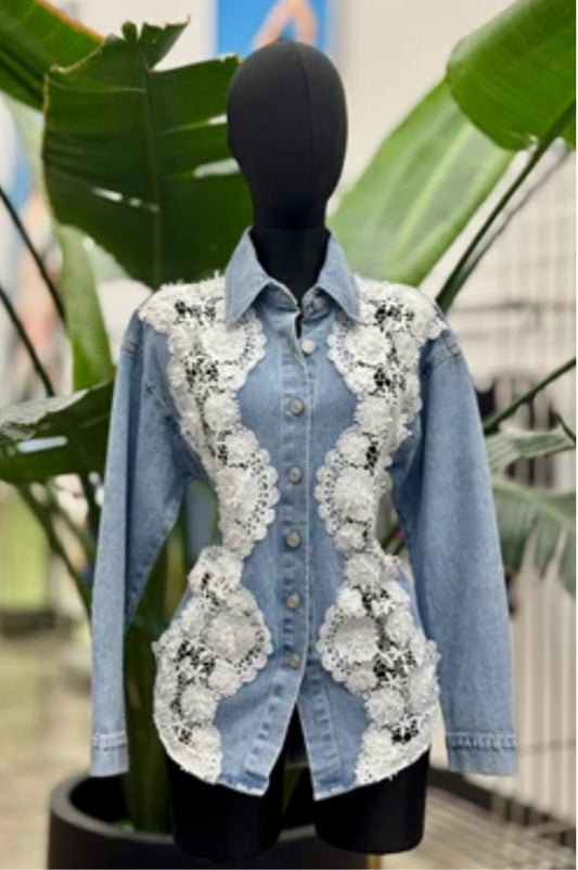 3D Lace Button Down Denim Top