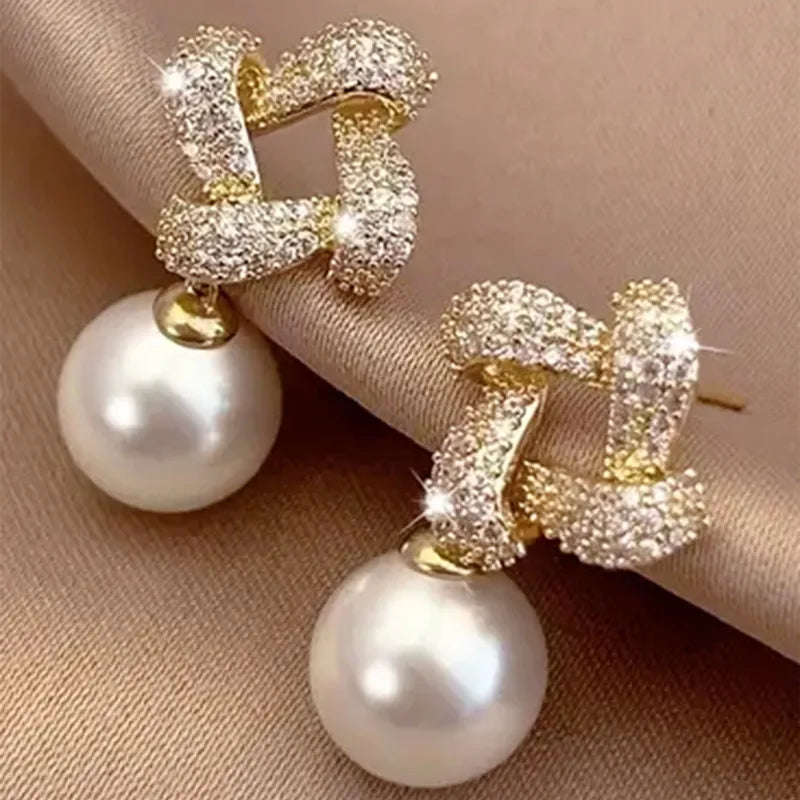 Drop Earrings With Claw Setting, Pearl Inlay,  Golden Water Plating