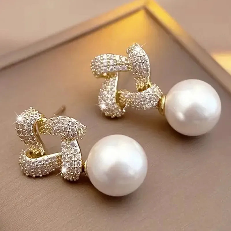 Drop Earrings With Claw Setting, Pearl Inlay,  Golden Water Plating