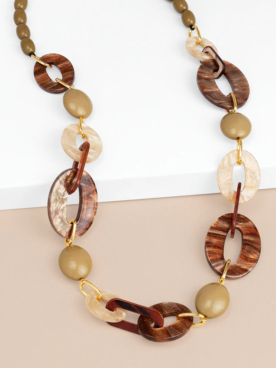 Glittering Resin Disc & Link Long Necklace Jewelry in Brown