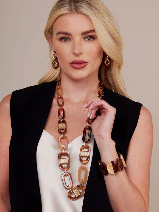Glittering Resin Disc & Link Long Necklace Jewelry in Brown