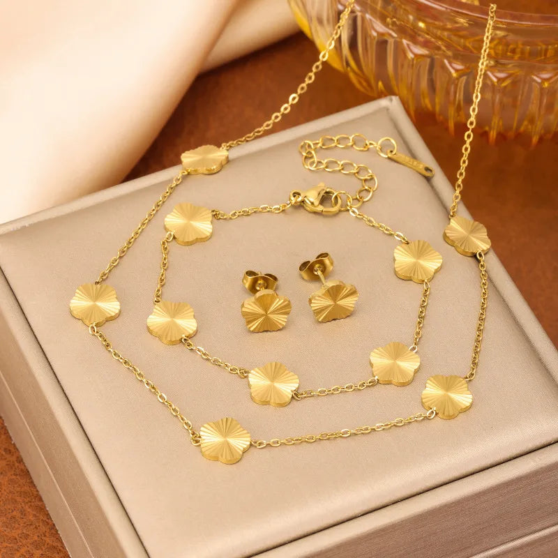 Gold Flowers Necklace For Women In 304 Stainless Steel, 3 Pieces Set