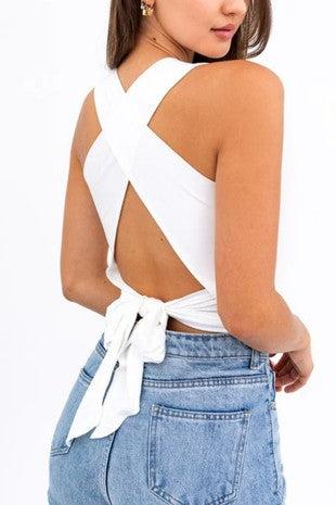 Halter Neck Back Tie Knit Top White