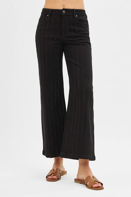 High Rise Crop Wide Rhinestone Pants in Black