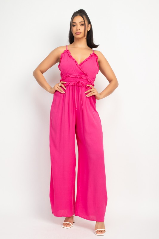 Ruffled V- Neck Wrap Hot Pink Jumpsuit