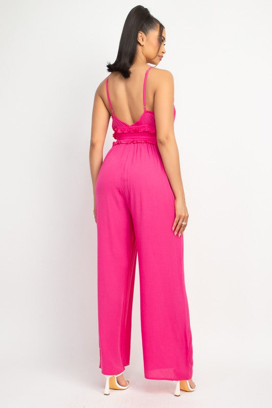 Ruffled V- Neck Wrap Hot Pink Jumpsuit