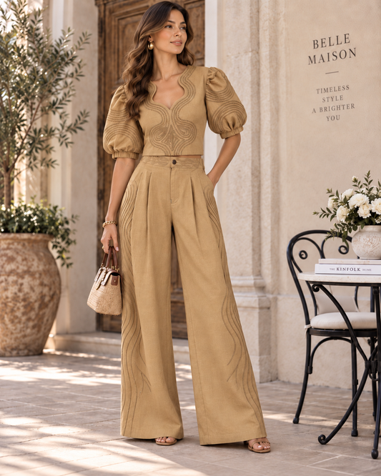 Camel Embroidered Elegance Two-Piece Set