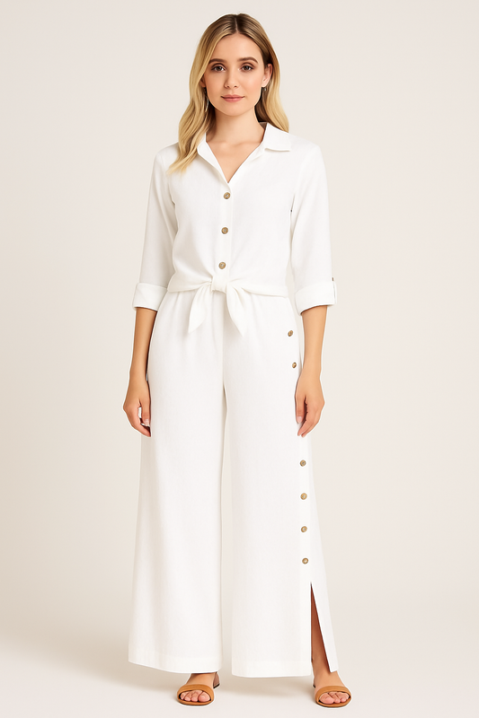 Italian Linen Set with Buttons White