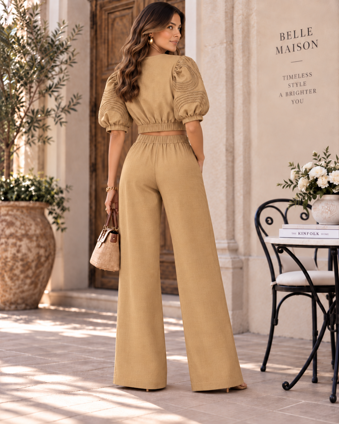 Camel Embroidered Elegance Two-Piece Set