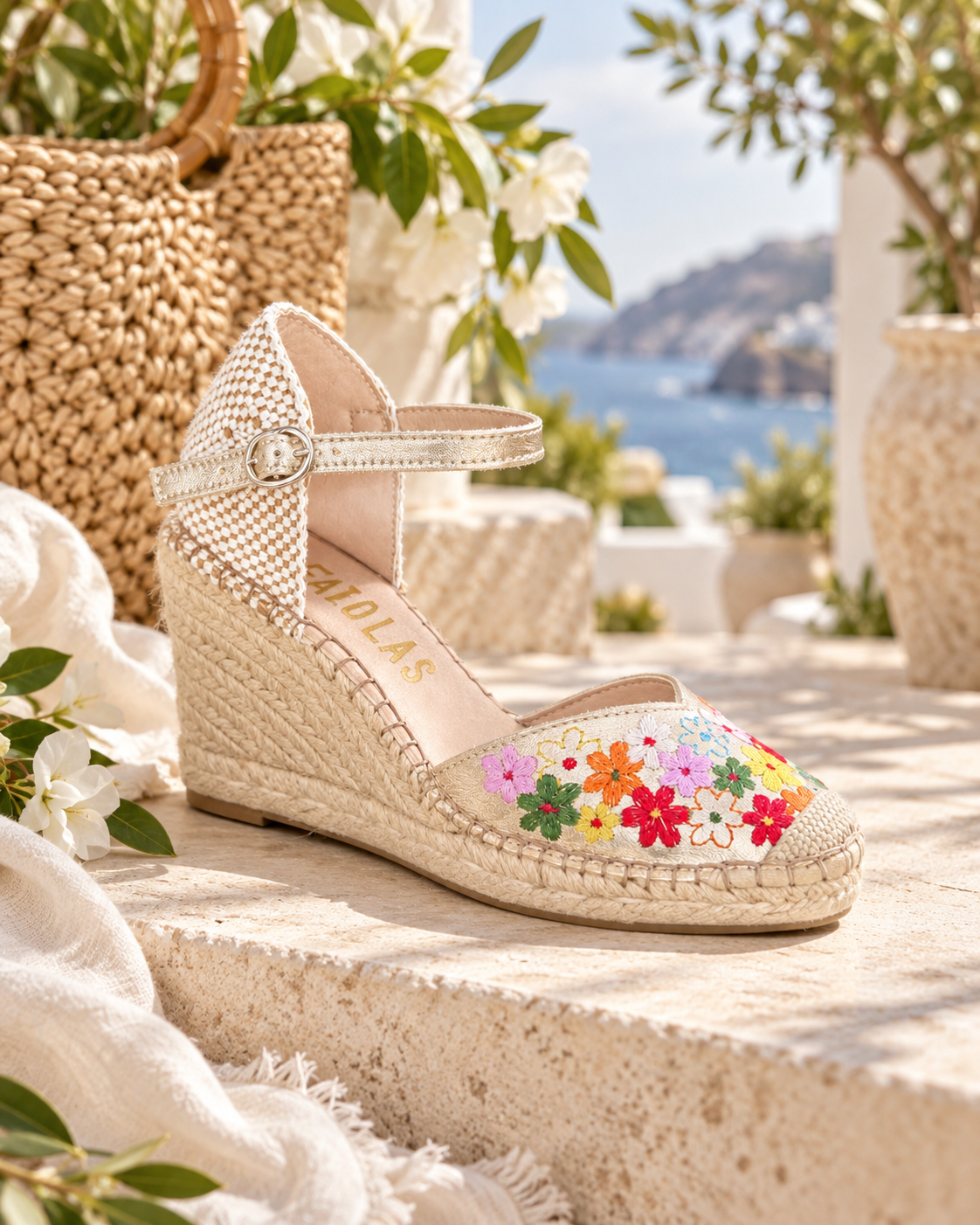 Espadrille with Flowers Embroidery Leather Upper Fabiolas in Champagne