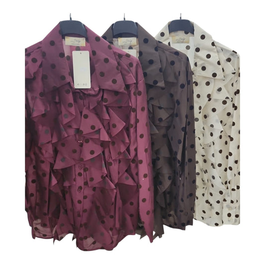 Italian Polka Dot Ruffles Shirt Brown