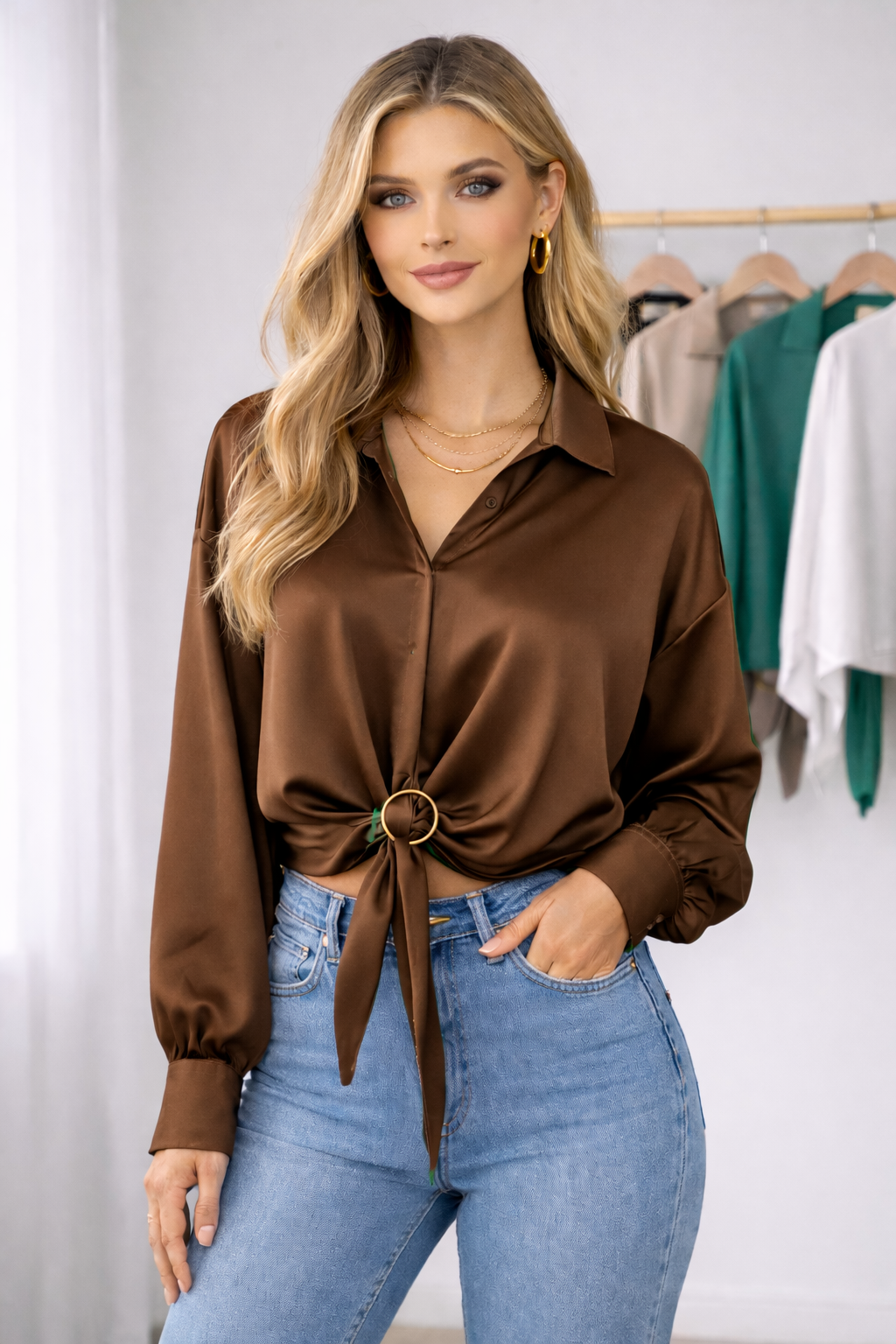 Italian Satin Blouse Brown One size