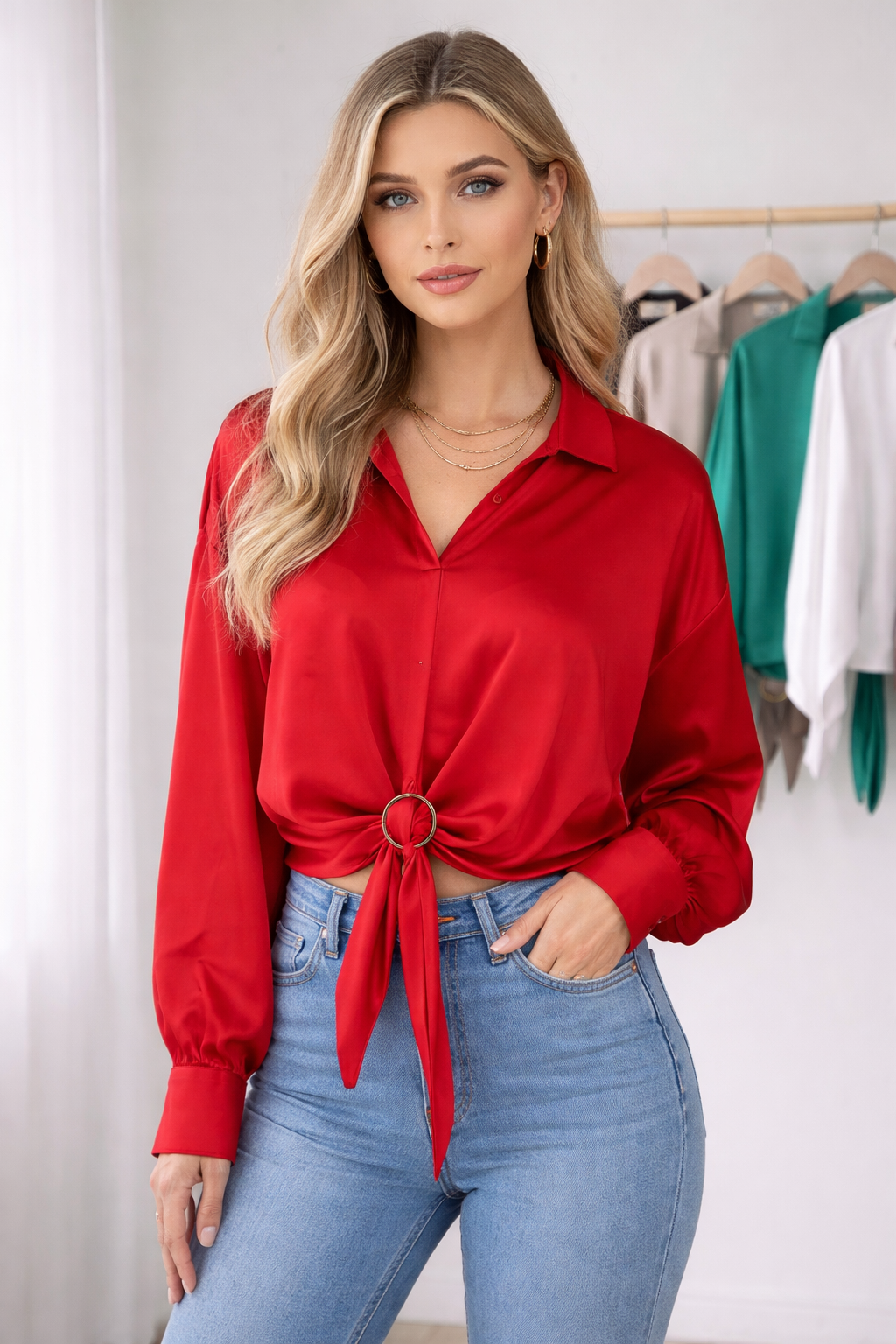 Italian Satin Blouse  Red One size