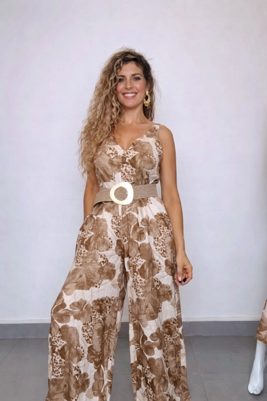 Italian Floral Jumpsuit Belt Not Included Brown