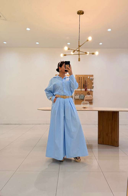 Italian Shirt and Palazzo Set With Belt Blue