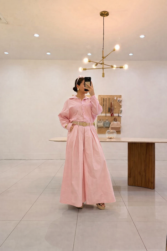 Italian Shirt and Palazzo Set With Belt Pink