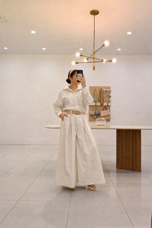 Italian Shirt and Palazzo Set With Belt Beige