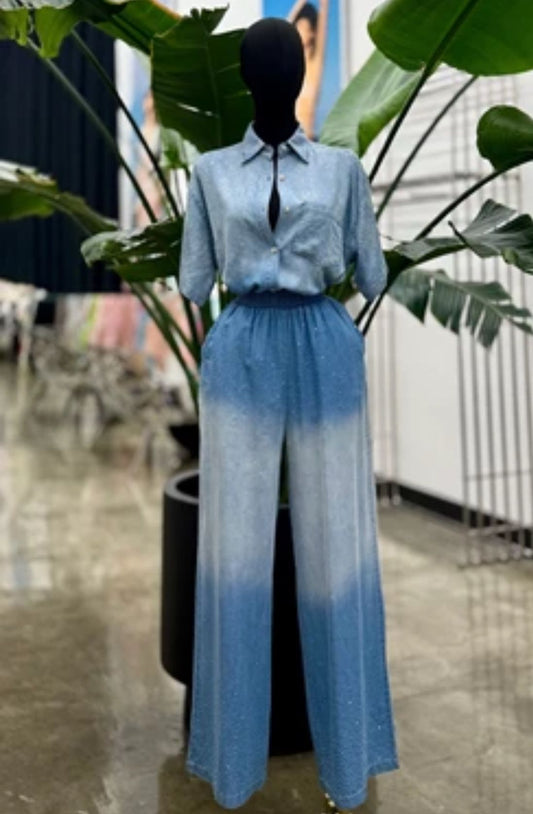 Rhinestone Denim Top And Palazzo Pants Set