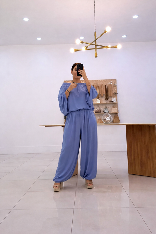 Italian Satin Aladdin Pant Set Blue-One size