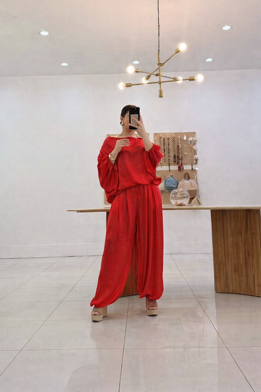 Italian Satin Aladdin Pant Set Red-One size