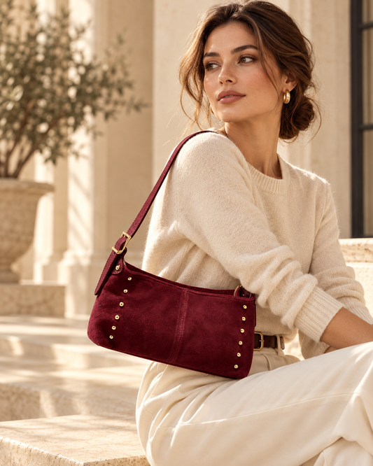 Burgundy Italian Studded Suede Shoulder Bag