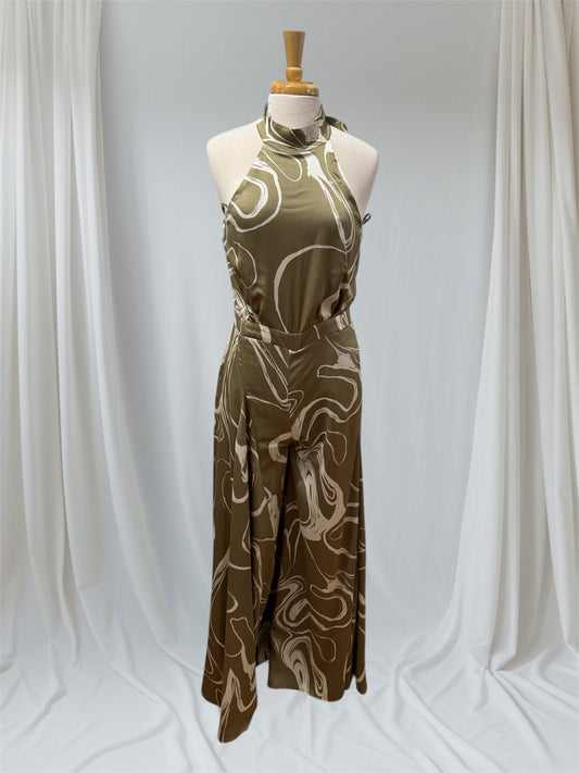 Marble Halter Jumpsuit Olive Green & White