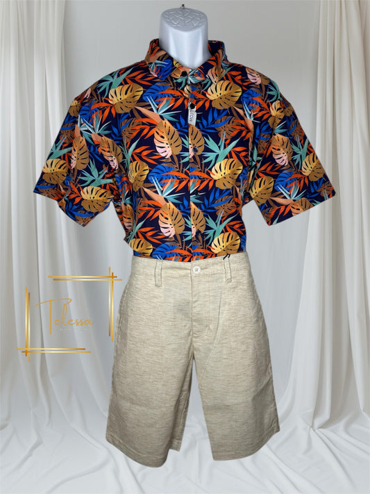 Mens Strech Button Down Shirt Multicolors Leaf Print