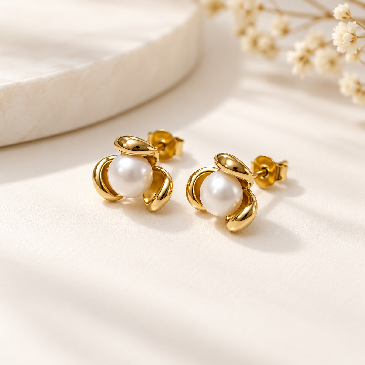 Golden Pearl Blossom Stud Earrings