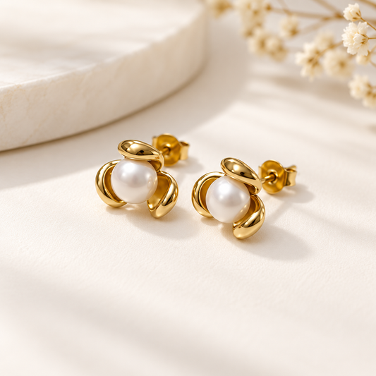Golden Pearl Blossom Stud Earrings