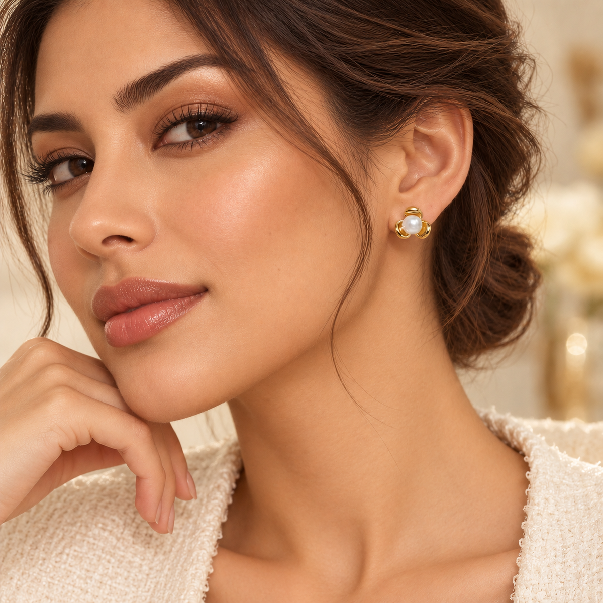Golden Pearl Blossom Stud Earrings