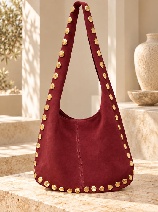 Red Gold Studded Hobo Bag Italian Leather