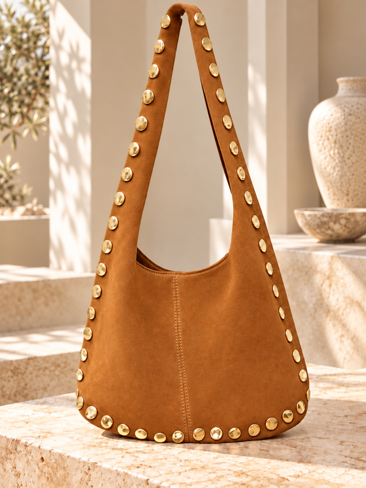 Camel Gold Studded Hobo Bag Italian Leather