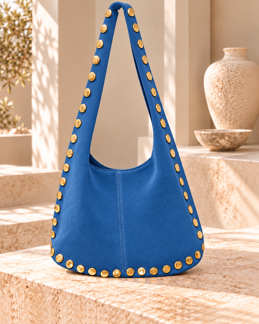 Blue Gold Studded Hobo Bag Italian Leather