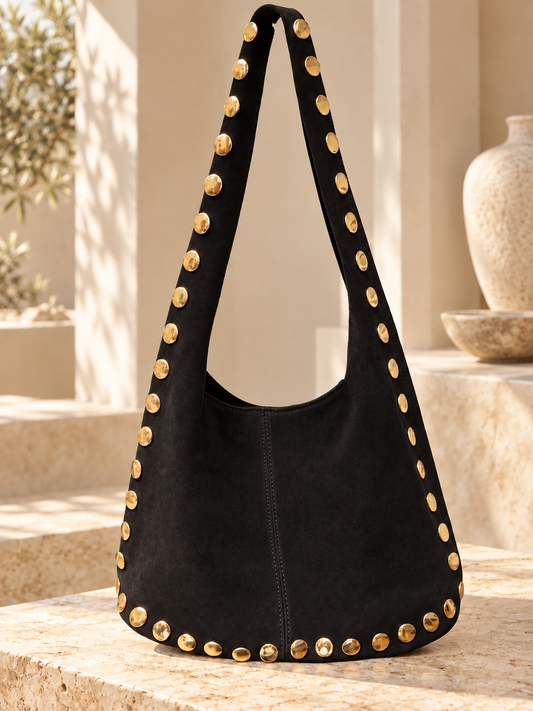 Black Gold Studded Hobo Bag Italian Leather