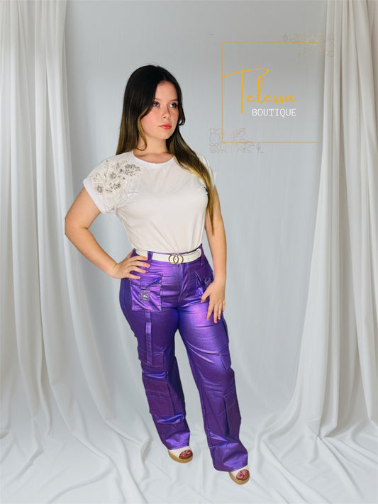 Purple Metallic Cargo Pants