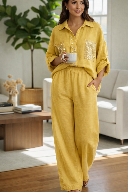 Italian Yellow Set with Embellished Pocket Shirt and Wide-Leg Pants