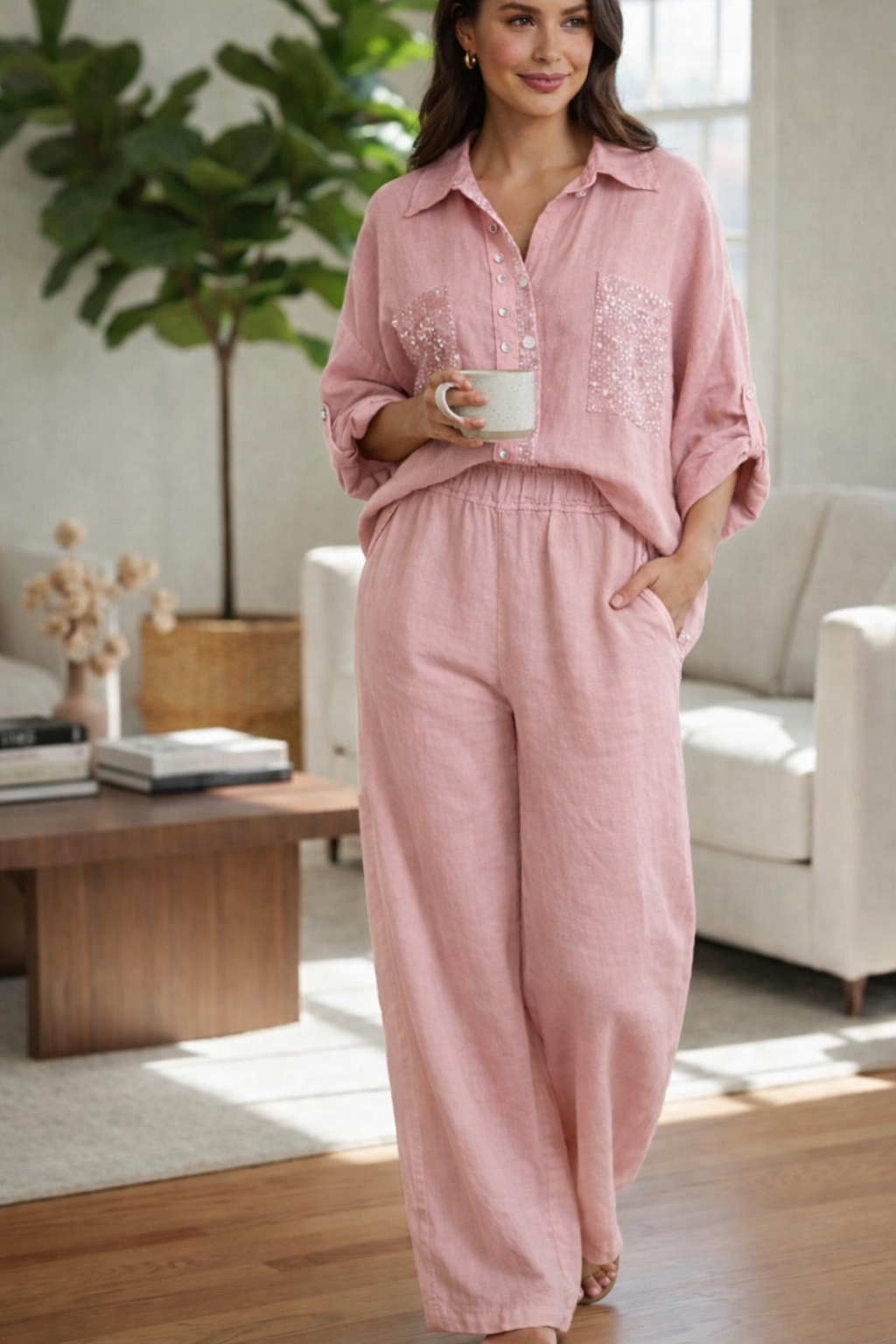 Italian Pink Set with Embellished Pocket Shirt and Wide-Leg Pants