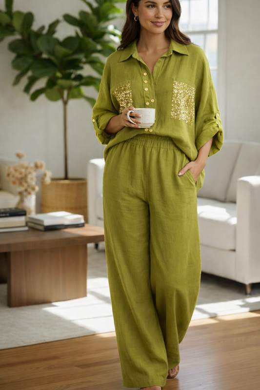 Italian Olive Green Set with Embellished Pocket Shirt and Wide-Leg Pants