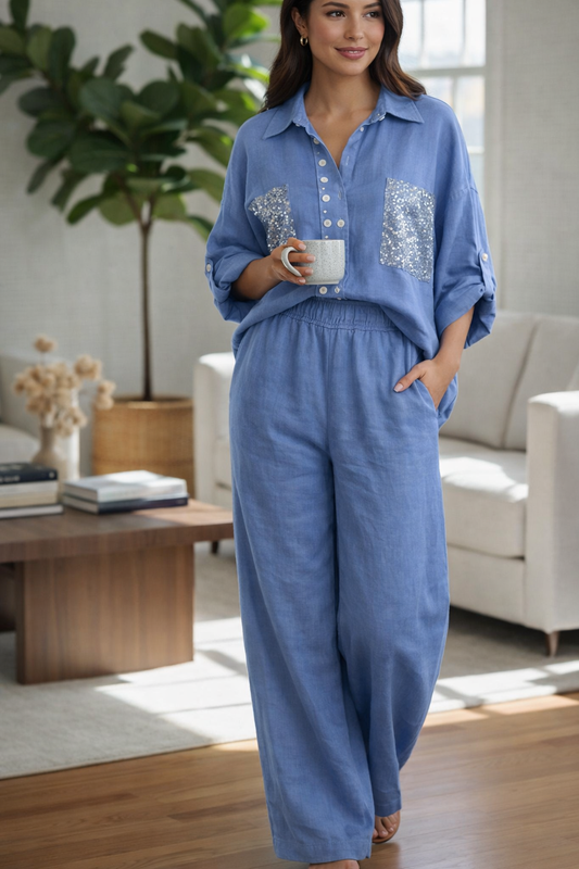 Italian Blue Set with Embellished Pocket Shirt and Wide-Leg Pants