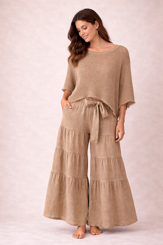 Italian Beige Set with Knit Top and Wide-Leg Palazzo Pants