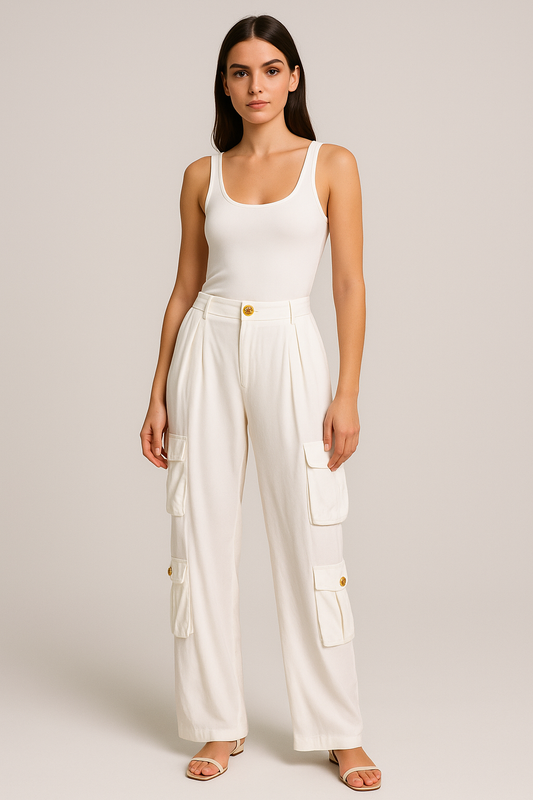 Cargo Gold Buttons Pants in White