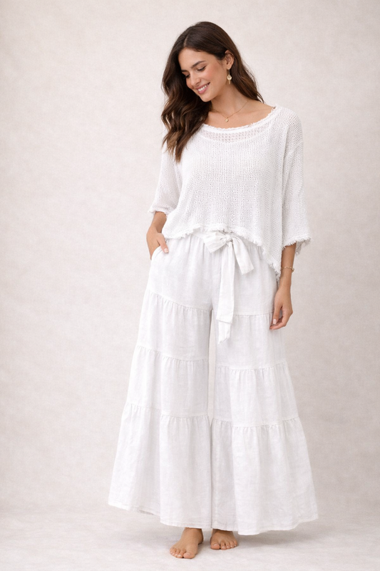 Italian White Set with Knit Top and Wide-Leg Palazzo Pants