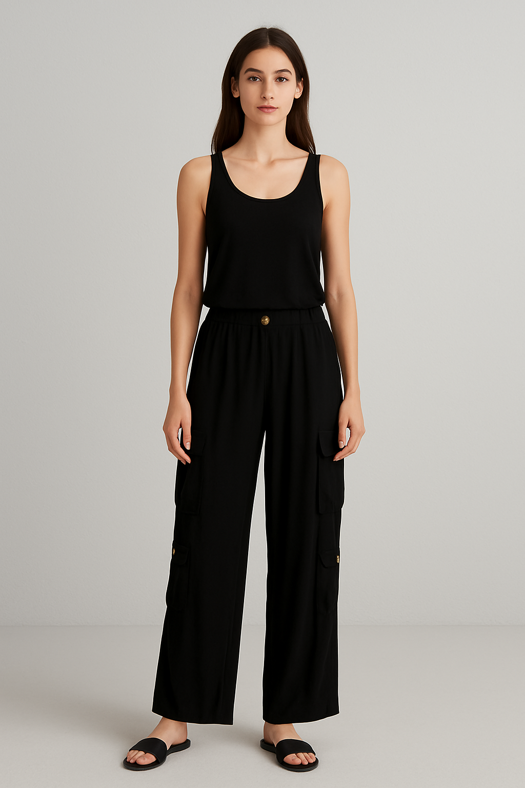 Cargo Gold Buttons Pants in Black