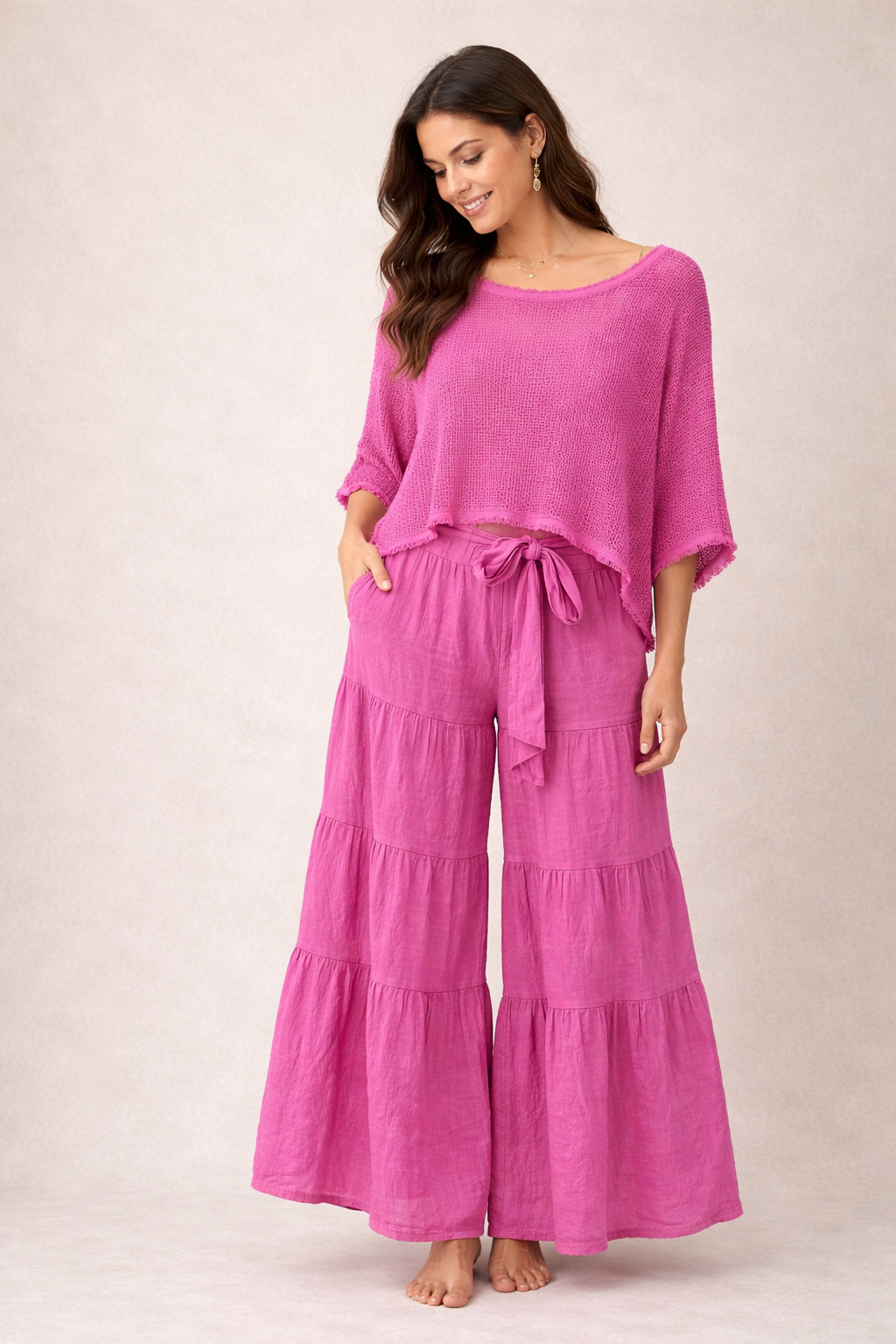 Italian Pink Set with Knit Top and Wide-Leg Palazzo Pants